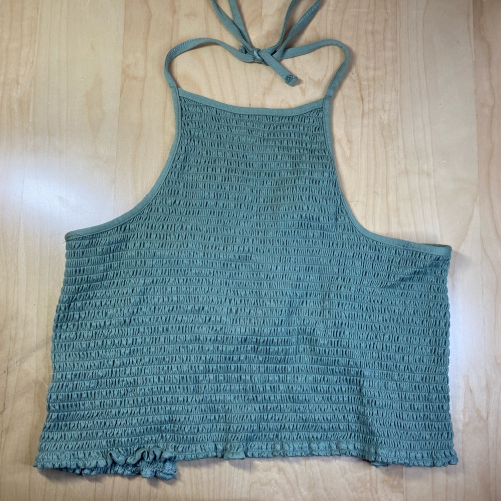 Olive Green Stretch Crop Halter Top Open Back